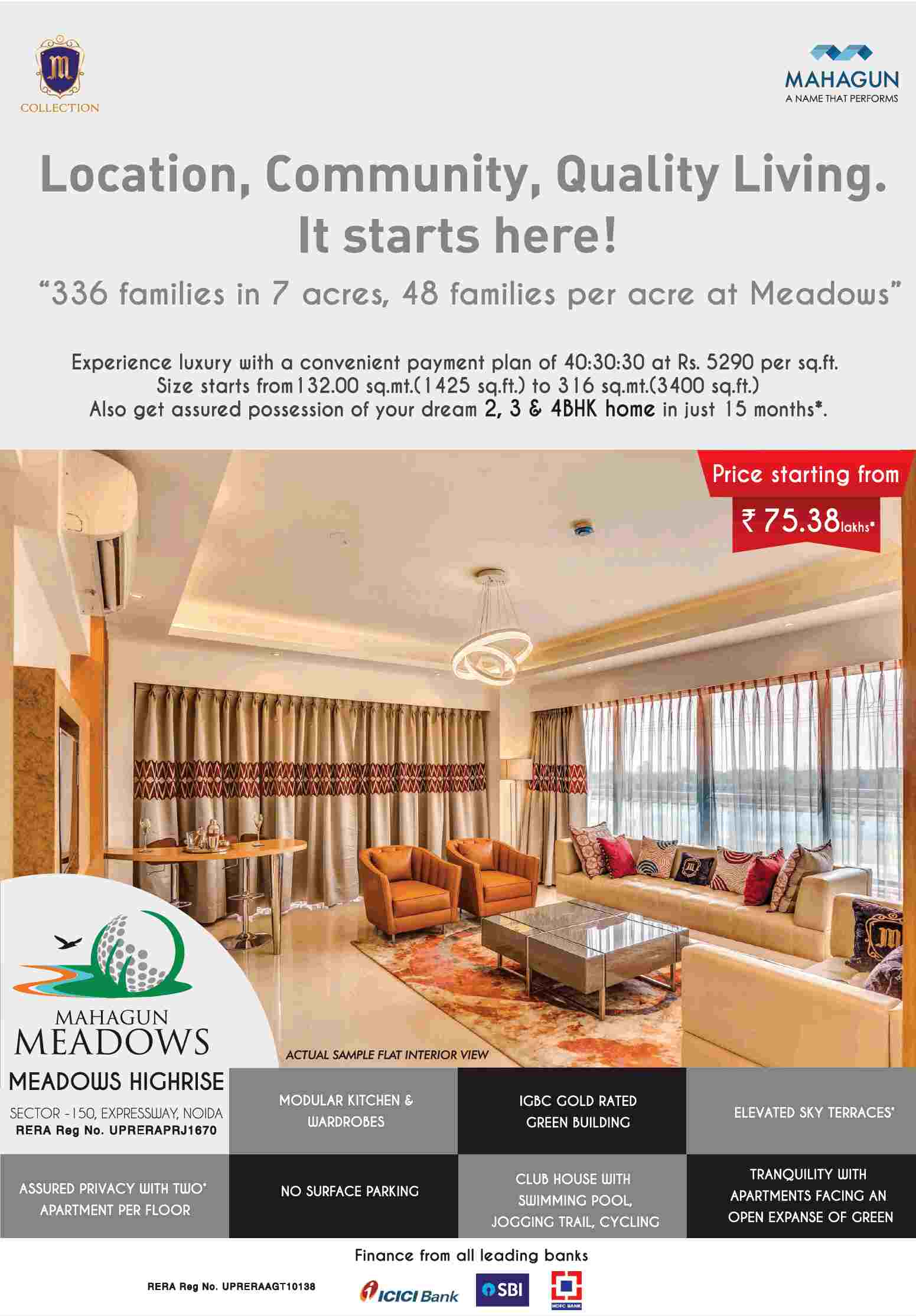 Experience luxury with a convenient payment plan of 40:30:30 at Mahagun Meadows in Noida